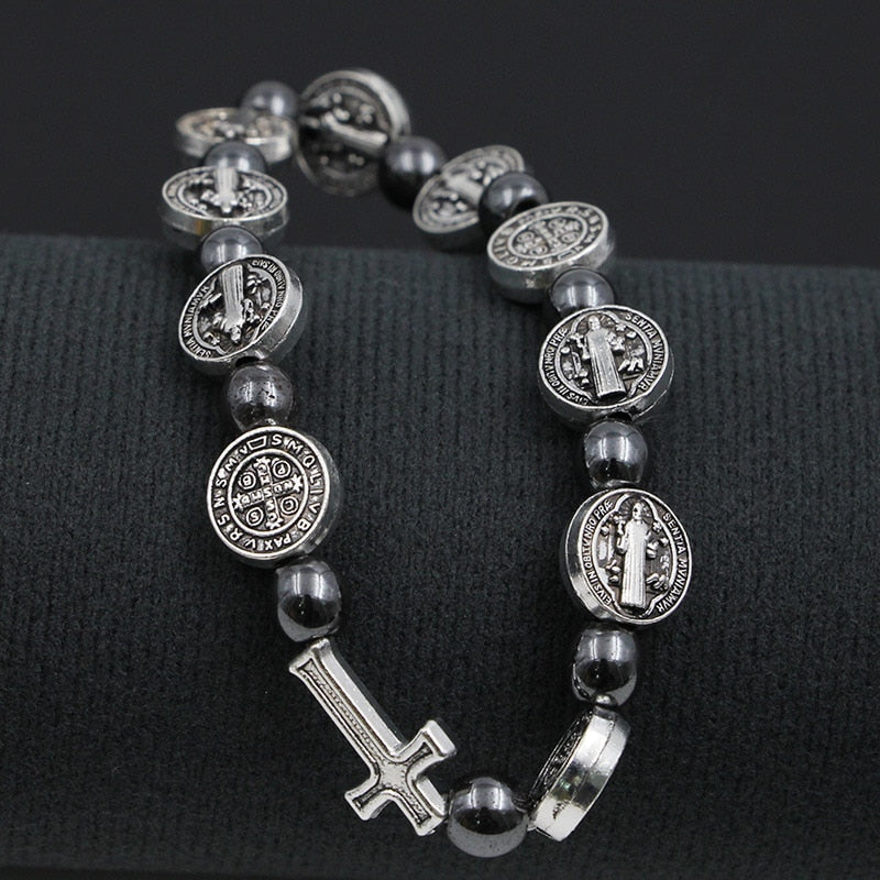 Hematite Bead Catholic Rosary St. Benedict Medal Cross Prayer Bracelet