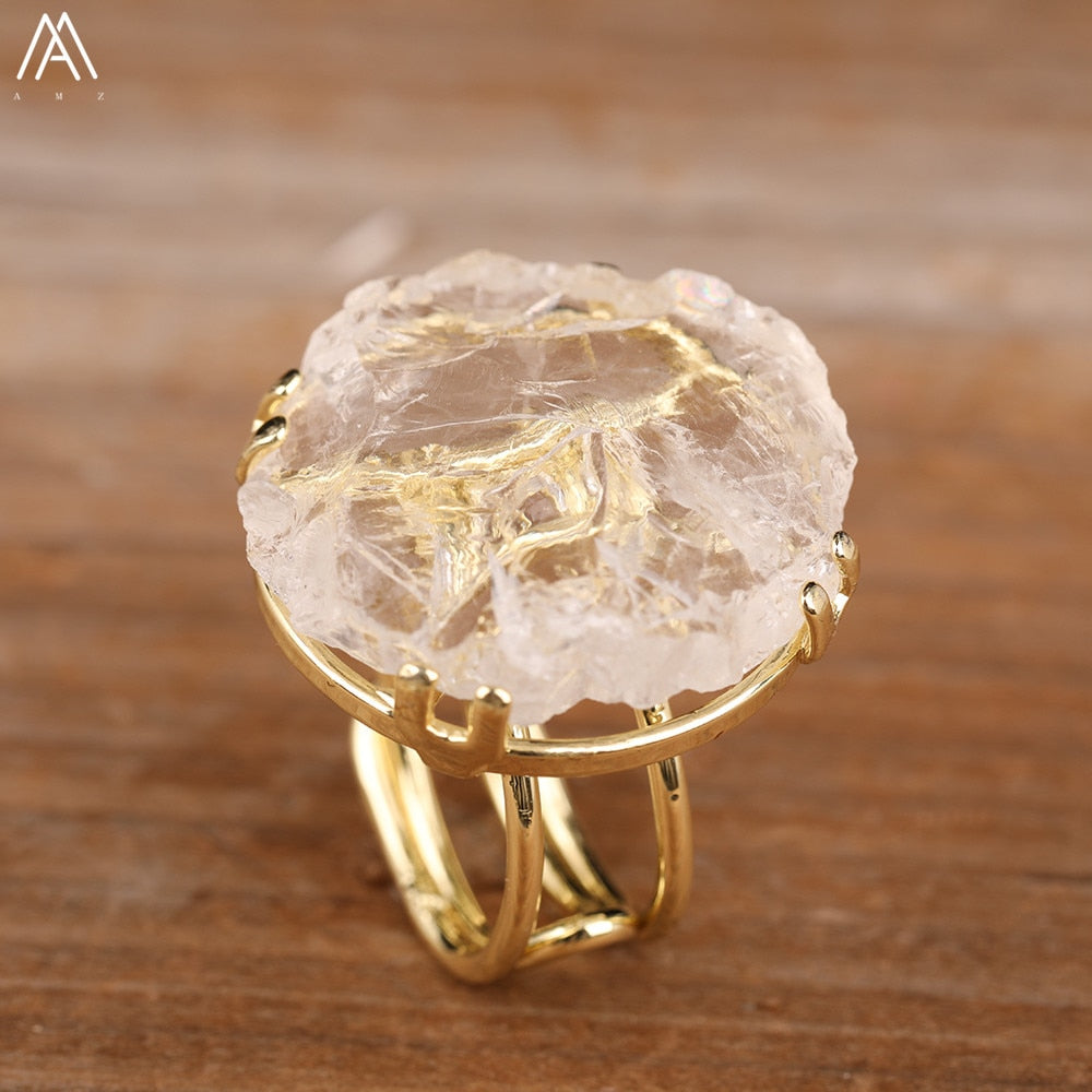 Natural Quartz Crystal Gold Plated Adjustable Rings (Different Colors)