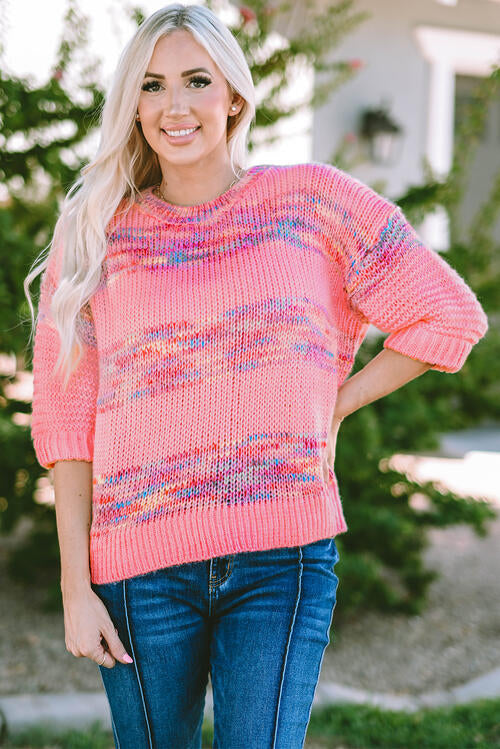 Full Size Heathered Round Neck Half Sleeve Sweater