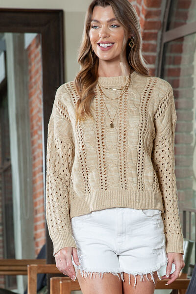 Full Size Openwork Cable-Knit Round Neck Knit Top