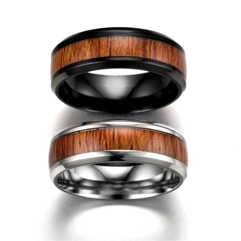 Men's Vintage Stainless Steel Wood Rings