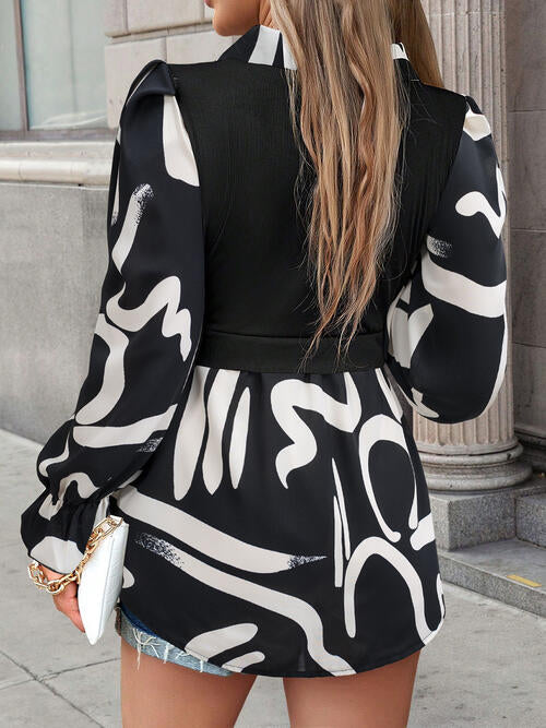 Collared Neck Black And White Color-Contrast Print Long Sleeve Shirt