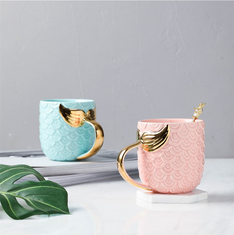 Eco-Friendly Mermaid Handle Pearl Glaze Gold Coffee Mug