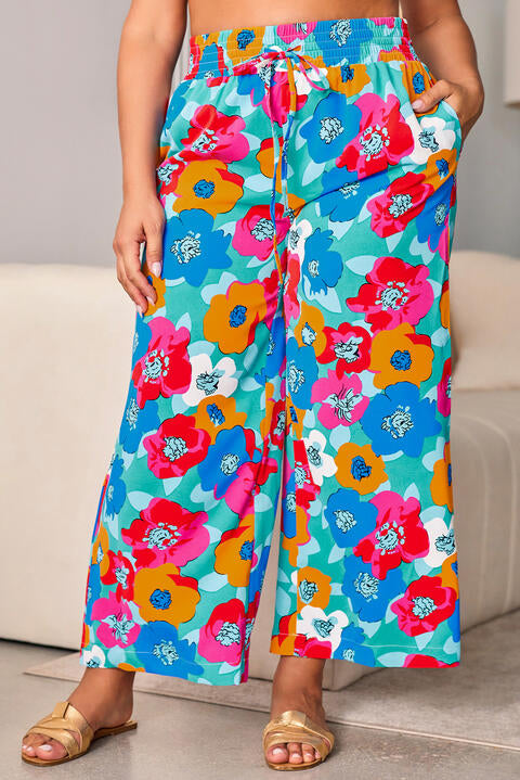 Plus Size Floral Drawstring Wide Leg Pants with Pockets