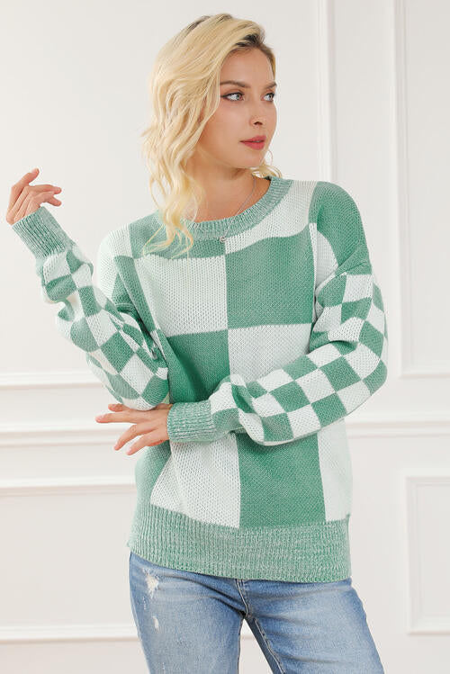 Checkered Drop Shoulder Long Sleeve Sweater