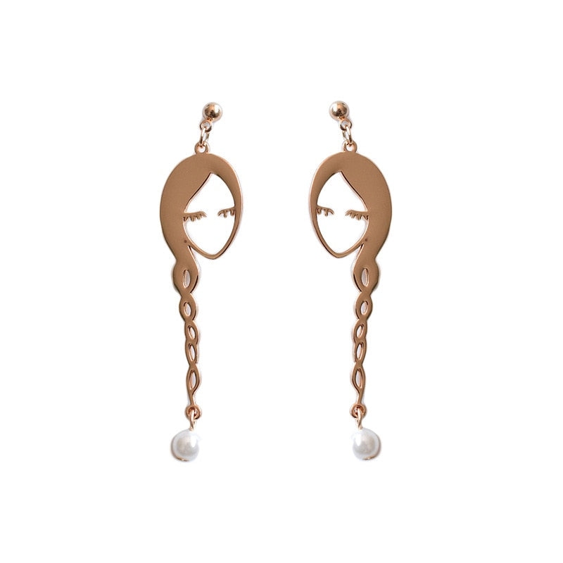 Gold Girls Face Pearl Dangle Drop Earrings