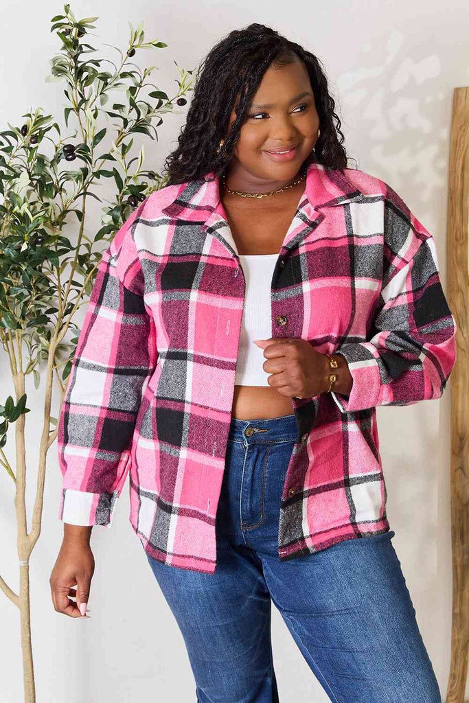 Double Take Plaid Button Up Collared Neck Jacket