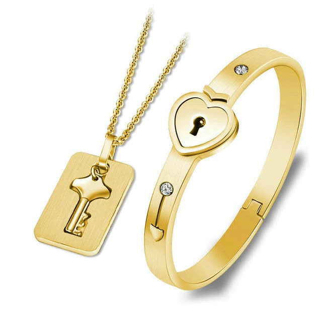 Love Heart Lock Bracelet Stainless Steel Bracelets Bangles Key Pendant Necklace