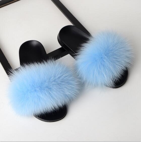 Women Flat Non-slip Fox Fur Slides