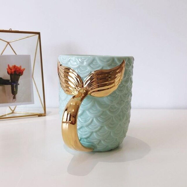 Eco-Friendly Mermaid Handle Pearl Glaze Gold Coffee Mug