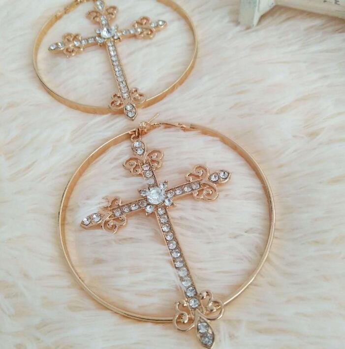 Gold Round Cross Earrings