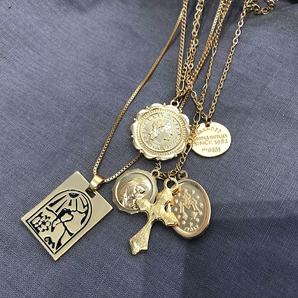 4 Set Separable Chain Multi Layer Virgin Mary Jesus Cross Totem Square Necklace