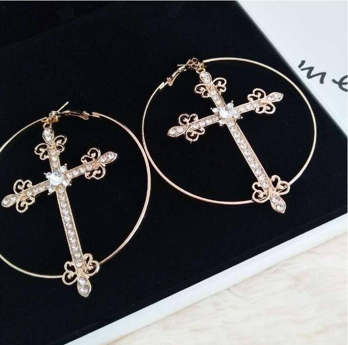 Gold Round Cross Earrings