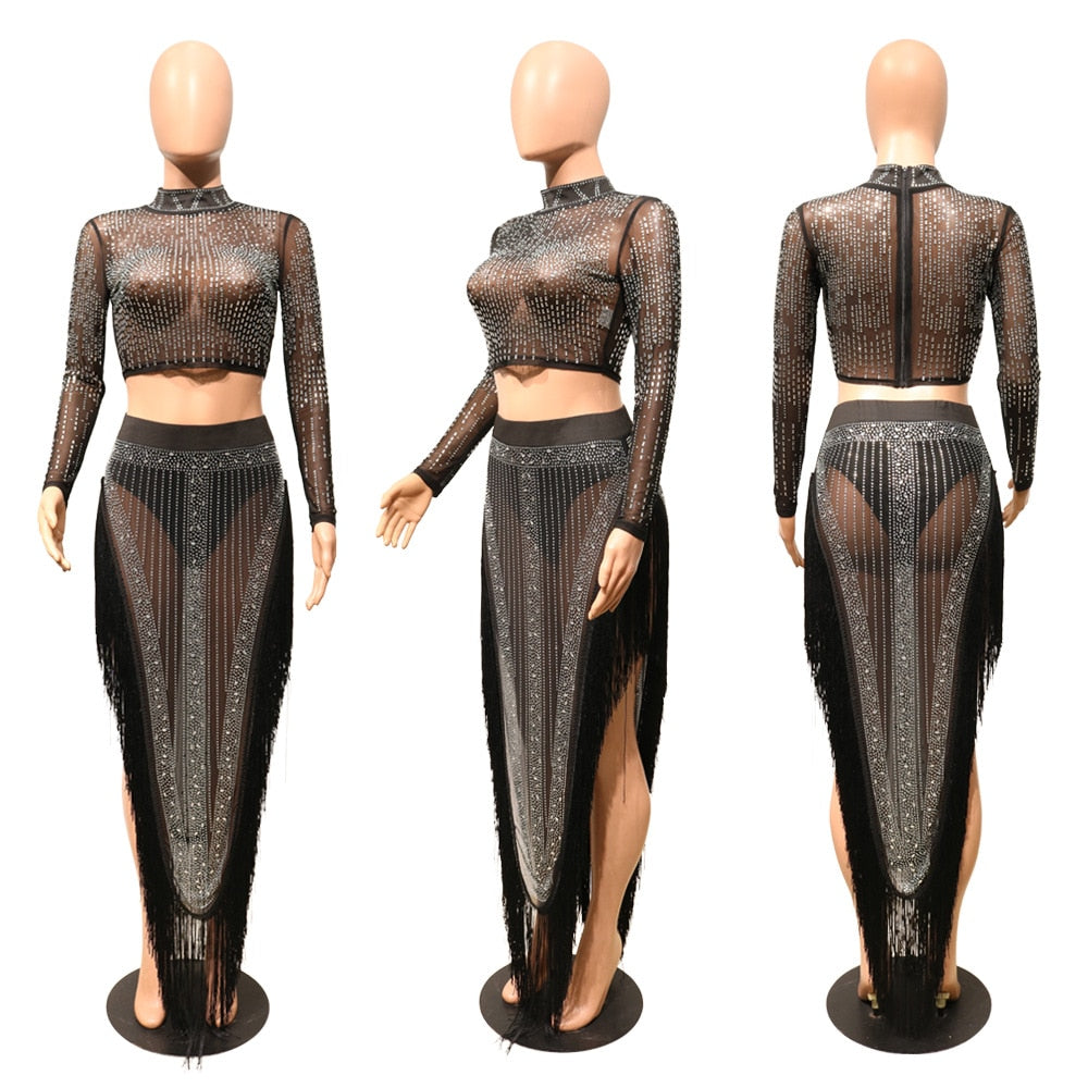 Rhinestone Tassel Spliced Two Piece Dress Set (Black, Gold, Blue, Red)