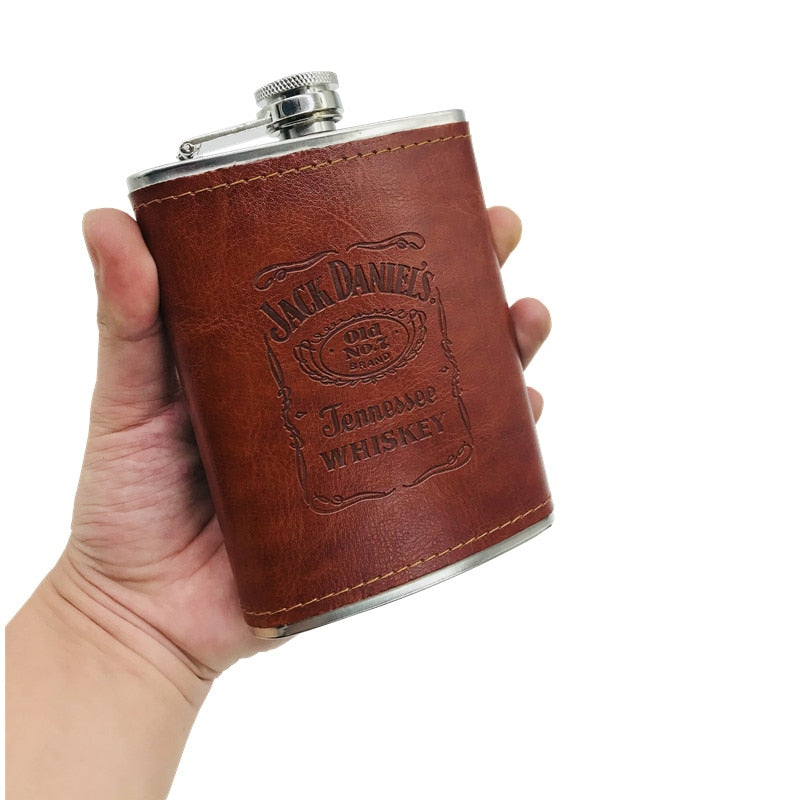 8oz Jack Daniels Flask Leather Gift Box Set