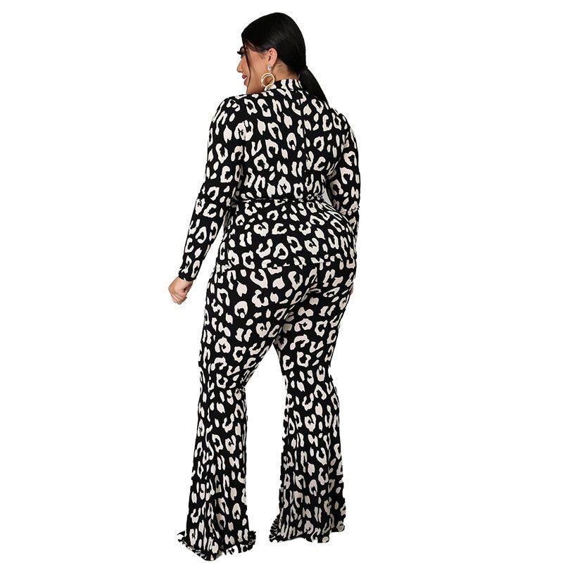 Plus Size Lace-Up Leopard Long Sleeve Jumpsuit