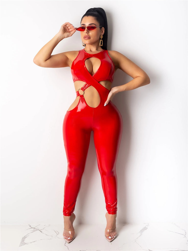 Faux Leather Cut Out Jumpsuit (Red, Pink, Purple)