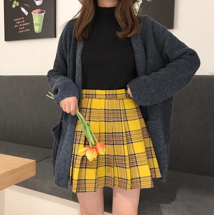 High-Waisted Plaid A-shaped Pleated Skirt XS-5XL (Yellow or Black)