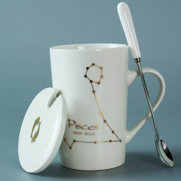 Zodiac Constellations Ceramic Mugs with Spoon & Lid Black and Gold Porcelain