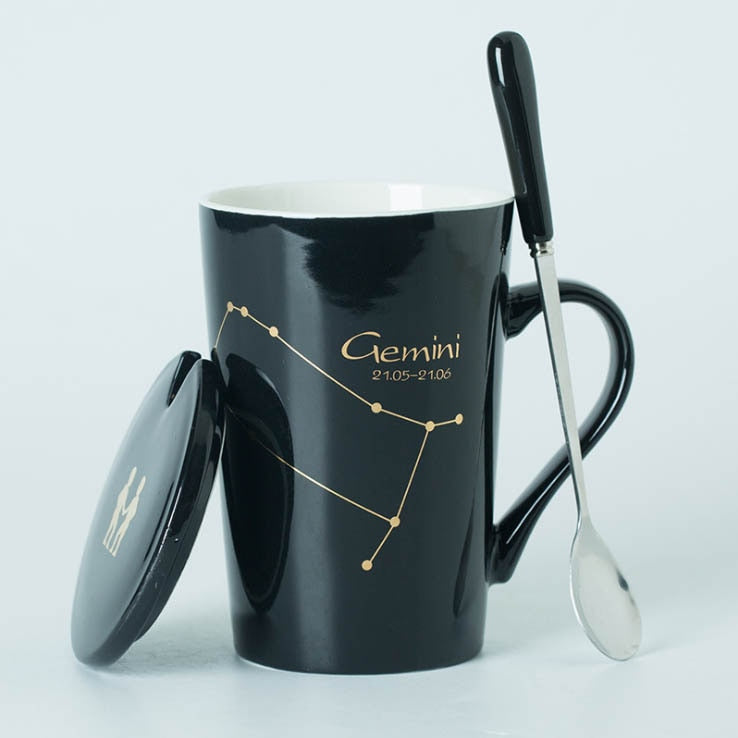 Zodiac Constellations Ceramic Mugs with Spoon & Lid Black and Gold Porcelain