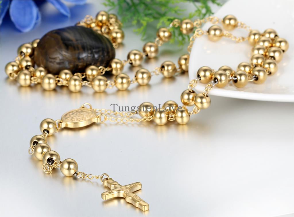 78cm/ 93cm Gold Stainless Steel Jesus Christ Crucifix Cross Rosary Necklace