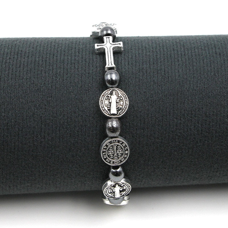Hematite Bead Catholic Rosary St. Benedict Medal Cross Prayer Bracelet