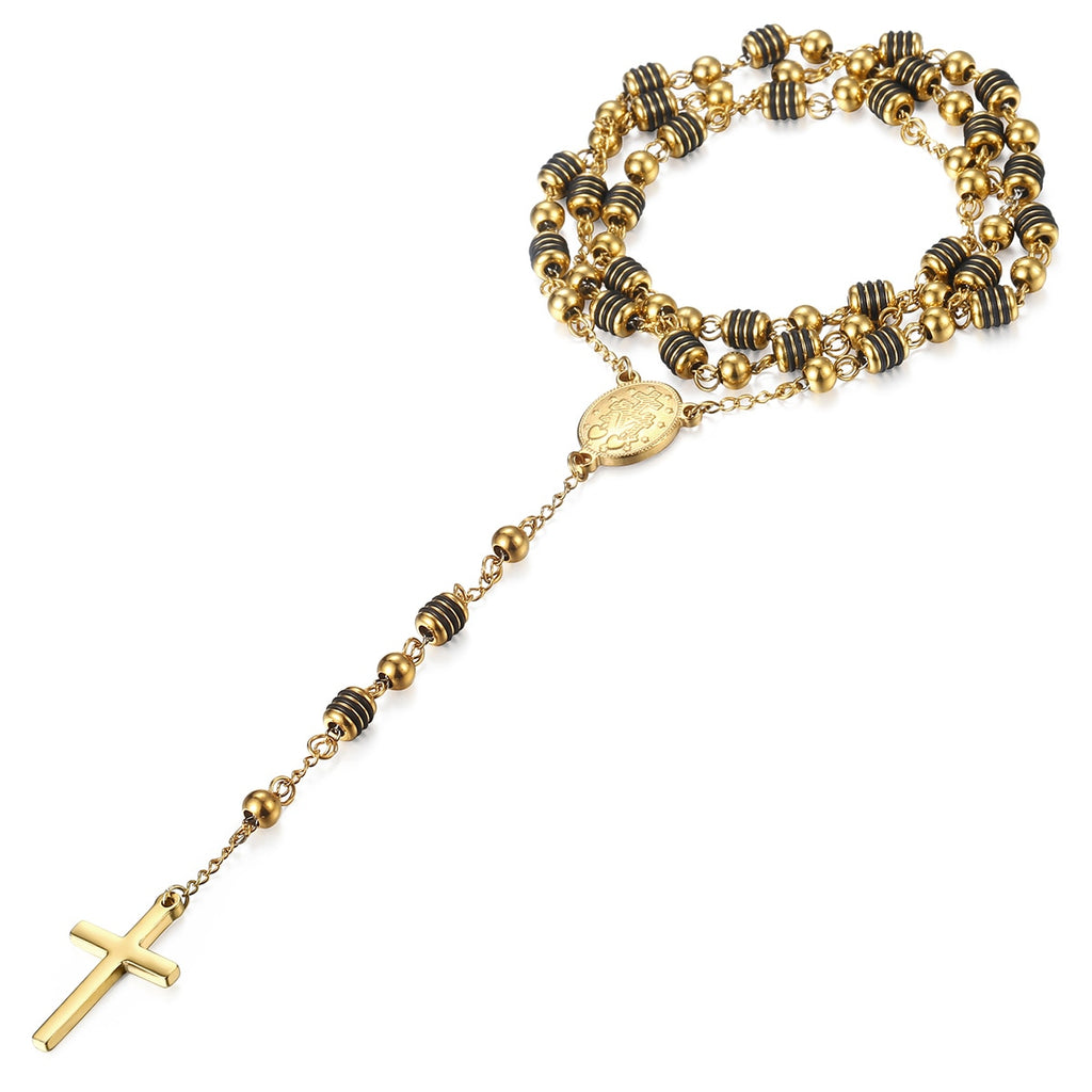 6mm Rosary Jesus Christ Gold Cross Pendant Necklace