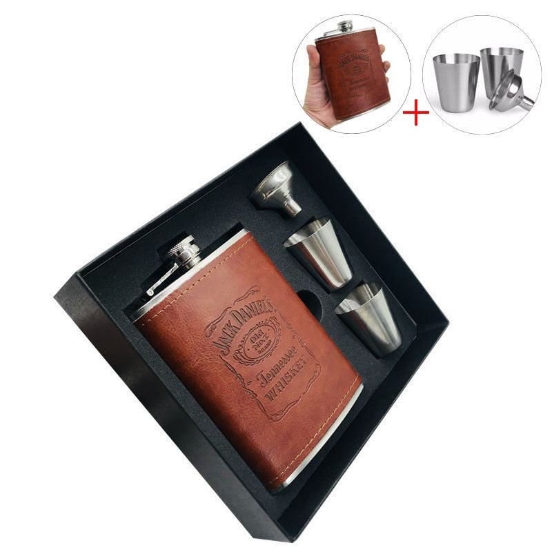 8oz Jack Daniels Flask Leather Gift Box Set