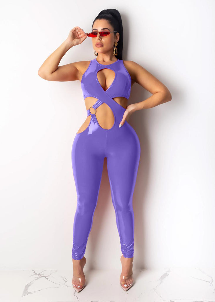 Faux Leather Cut Out Jumpsuit (Red, Pink, Purple)