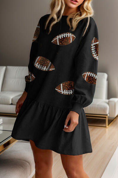 Football Sequin Round Neck Dropped Shoulder Mini Dress