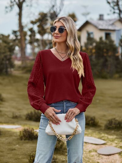 Swiss Dot V-Neck Long Sleeve Blouse