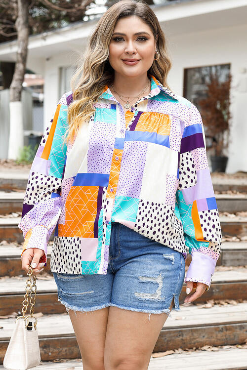 Plus Size Color Block Button Up Collared Neck Shirt